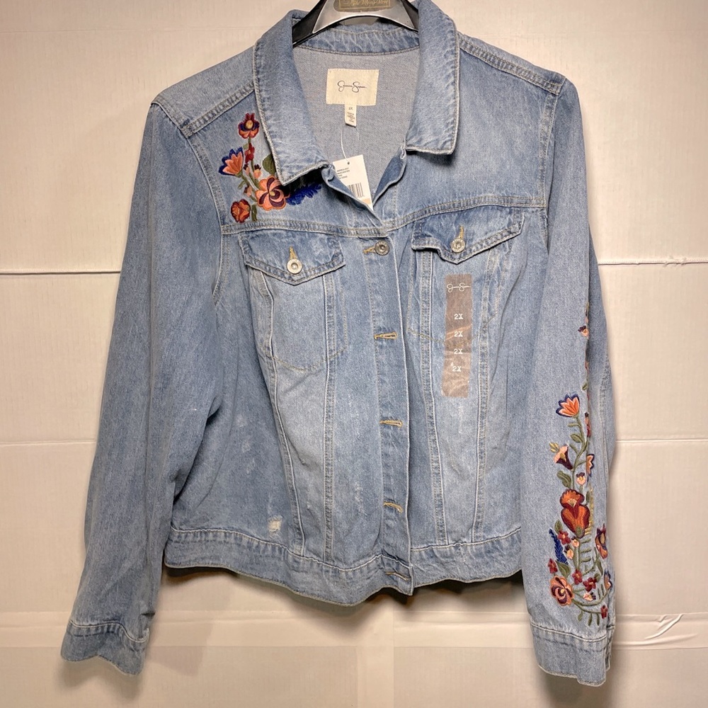 jessica simpson flower embroidered Distressed Pixie jean Denim jacket Sz 2x NWT